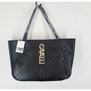 Cavalli Class Sandra Shopper Extra Large Tote Bag Black Debossed Handbag NWT$118